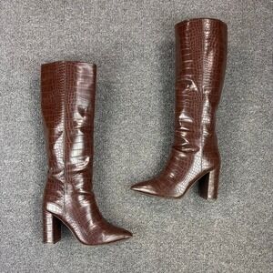 Women's INC Black Croc Embossed Side Zip Pointed Toe Heel Tall Boots Size 5 M